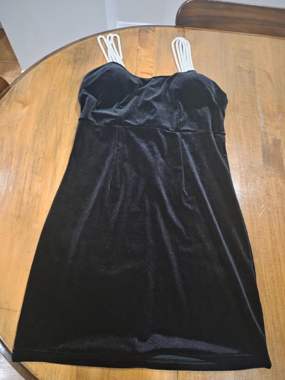 Le Chateau Black Velvet Mini Party Dress with Pearl Straps